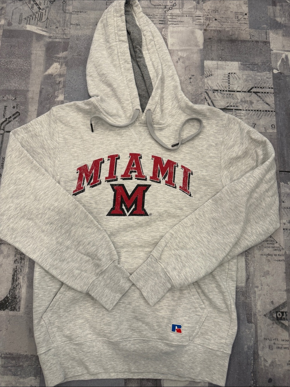 Russell Athletic Gray Hoodie with Red Miami Logo